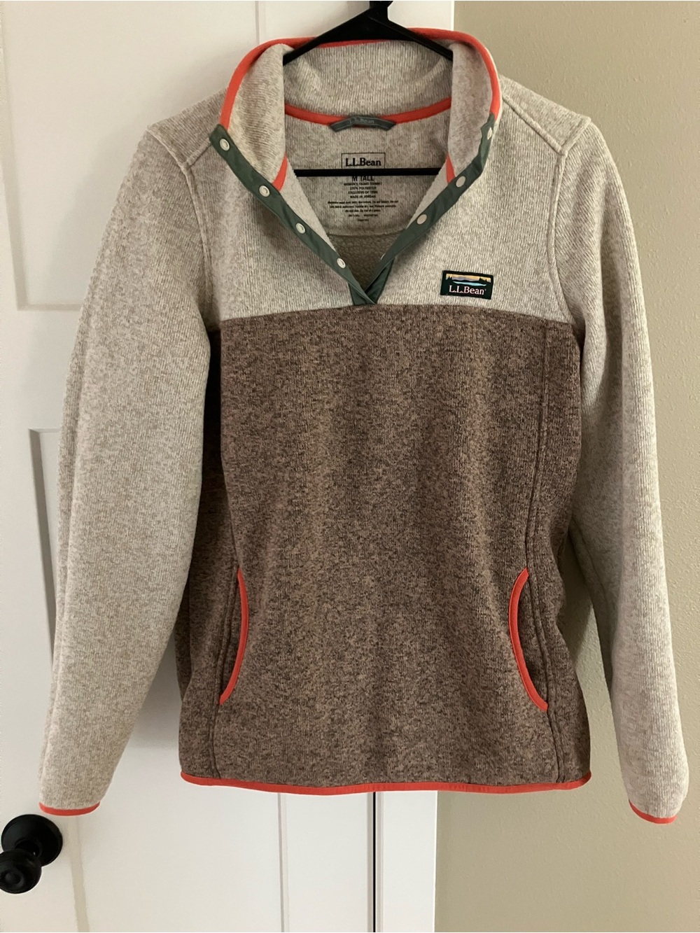 L.L. Bean Two-Tone Brown and Cream Fleece Snap Pullover with Coral Trim